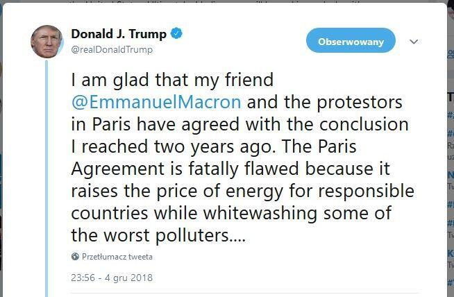 Tweet prezydenta USA Donalda Trumpa może być bolesny dla prezydenta Macrona / autor: fot. Twitter