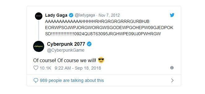 Twitterowa wymiana uprzejmości między Lady Gagą a Cyberpunkiem 2077/ fot. Twiter / autor: Twitterowa wymiana uprzejmości między Lady Gagą a Cyberpunkiem 2077/ fot. Twiter