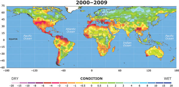 Mapa suszy, lata 2000 – 2009 / autor: UCAR
