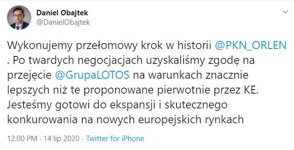 Prezes Daniel Obajtek poinformował o zgodzie KE na przejęcie Grupy Lotos / autor: twitter.com