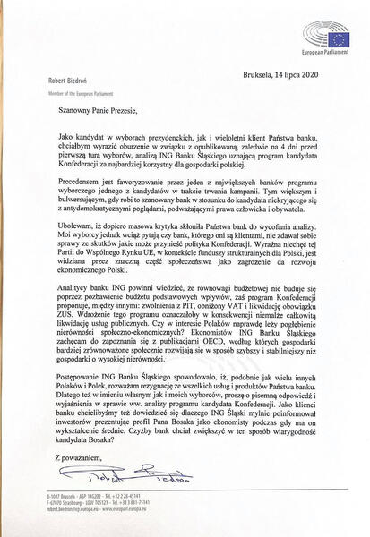 Pismo Roberta Biedronia do ING / autor: LatarnikPolityczny