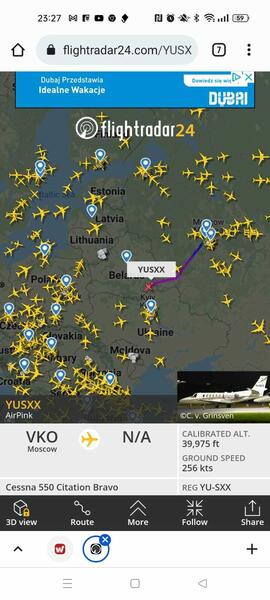 Samolot prywatny z Moskwy - cel nieokreślony / autor: FlightRadar24, Fratria