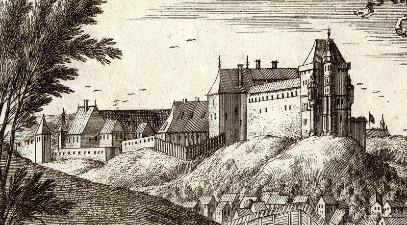 Zamek w Pińczowie w 1657 roku z rysunku Erika Jönsona Dahlberga / autor: Erik Jönson Dahlberg, Public domain, via Wikimedia Commons