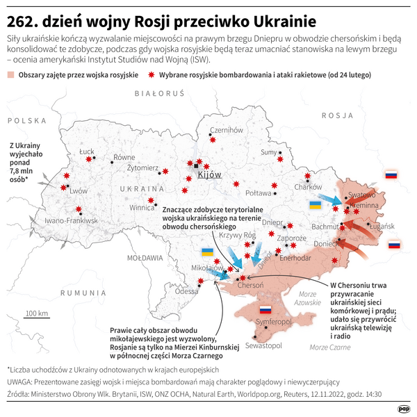 Sytuacja taktyczna w 262. dniu wojny na Ukrainie / autor: PAP/Inografiki