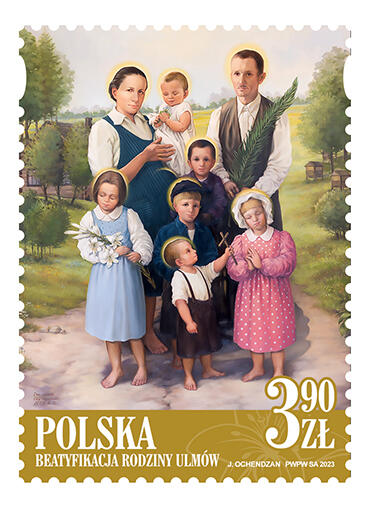 W grafice znaczka wykorzystano reprodukcję obrazu autorstwa Olega Czyżowskiego ukazującą rodzinę Ulmów w plenerze / autor: materiały prasowe Poczty Polskiej