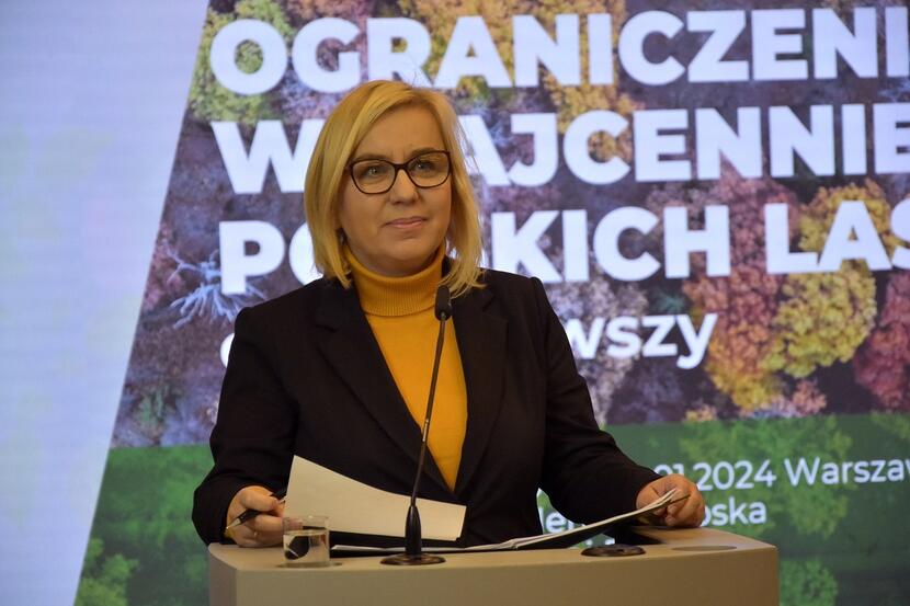 Minister klimatu i środowiska Paulina Hennig-Kloska na konferencji zapowiada ograniczenie wycinki / autor: Fratria / LK