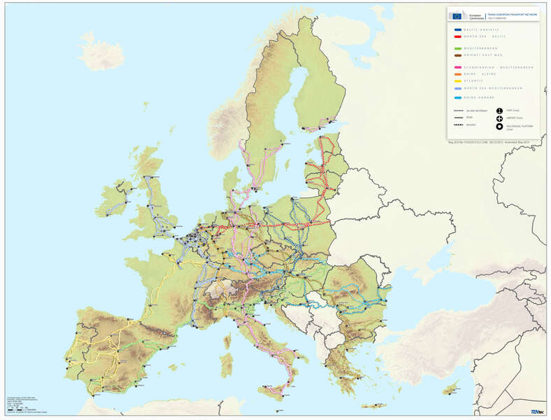 Mapa dziewięciu europejskich korytarzy komunikacyjnych TEN-T / autor: materiały prasowe gov.pl