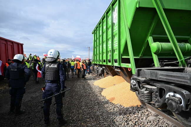 Protest rolników na torach kolejowych w Medyce. Rozsypane zboże / autor: PAP/Darek Delmanowicz